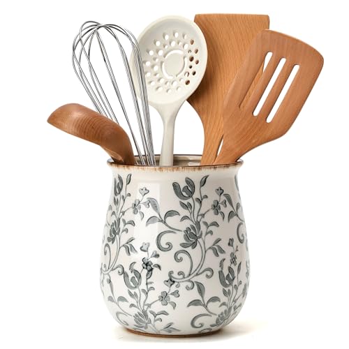 Utensil Holder for Kitchen Counter (Gray Flower Patterns)
