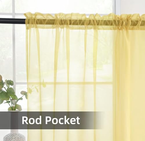 Solid Sheer Rod Pocket Curtain Voile Draperies 2 Panels White Beige Black Ivory Coffee 26 Inch Width 40 Inch Long 1 Pair for Kitchen Bedroom Children Living Room Yard (Yellow / 26"W x 40"L (Pack of 2))