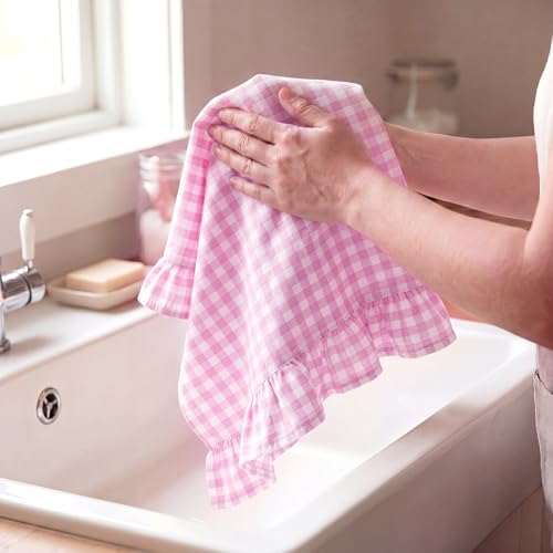 2 Pcs Hot Pink Gingham Kitchen Towels Cotton Ruffled (Hot Pink / Gingham)
