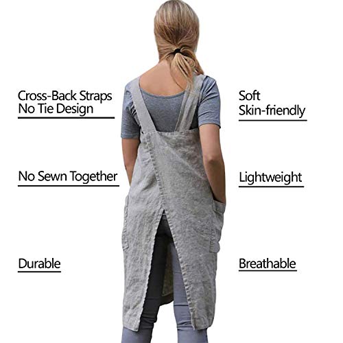 Cotton Linen Apron for women Cross Back Apron Pinafore Dress for Baking Cooking Gardening Work (Brown / 3X-Large)