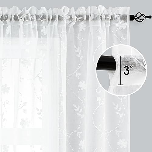 White Sheer Curtains 96 Inches Long 2 Panels White Embroidered Floral Pattern Semi Sheer Window Curtains for Bedroom Living Room (52"W x 96"L (Pack of 2) / White)