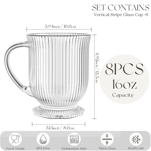 16oz Ribbed Glass Coffee Mugs Set (Ribbed-8PCS)