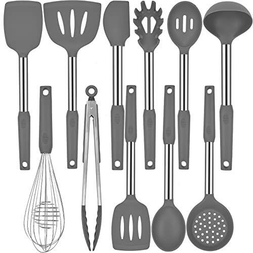 Silicone Kitchen Cooking Utensils Set with Stainless Steel Handle (Gray)
