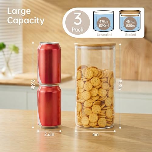 45 oz Round Glass Food Storage Containers with Airtight Bamboo Lids (45oz 3 Pack)