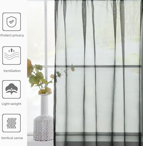 Solid Sheer Rod Pocket Curtain Voile Draperies 2 Panels White Beige Black Ivory Coffee 22 Inch Width 40 Inch Long 1 Pair for Kitchen Bedroom Children Living Room Yard (Black / 22"W x 40"L (Pack of 2))