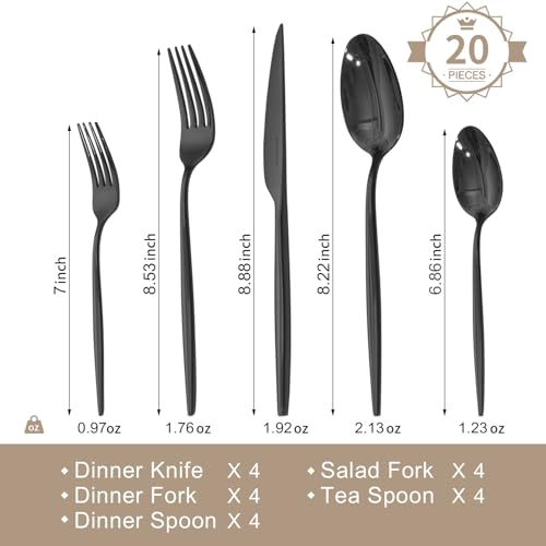 18 10 Silverware Set for 4 (Black / 20-Piece)