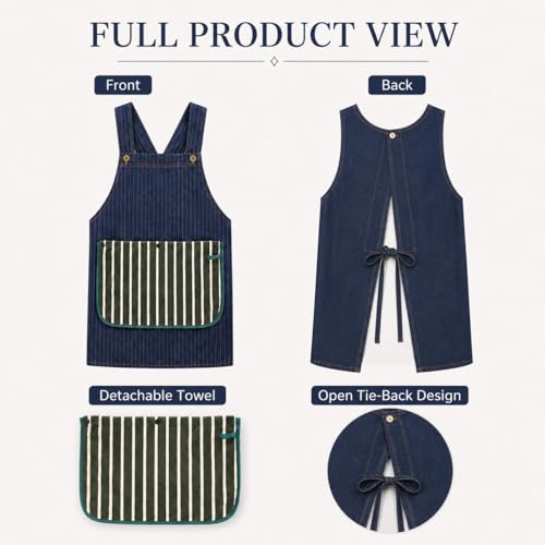 Kitchen Denim Apron with Detachable Hand Towel Clever Design for Clean Hands to Cook Apron with Pockets for Home