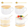 Glass Coffee Mugs with Lid 14 oz Clear Coffee Cups with Handle Spoon (Hobnail*2+Sunflower*2)