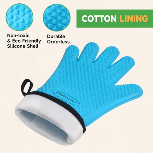 BBQ Gloves Heat Resistant Oven Mitts (Blue / Extra Large)