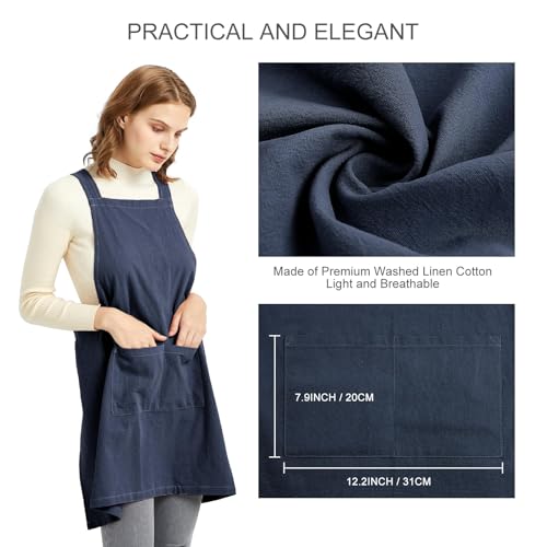 Aprons for Women with Pockets Unisex Comfort Cross Back No Tie Cotton Linen Apron Pinafore for Cooking Painting Floral Arrangement Gardening Cleaning Navy (Navy / Medium)