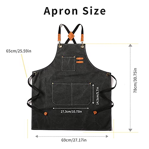 Canvas Cross Back Chef Cotton Aprons for Men Women with Large Pockets (Beige)