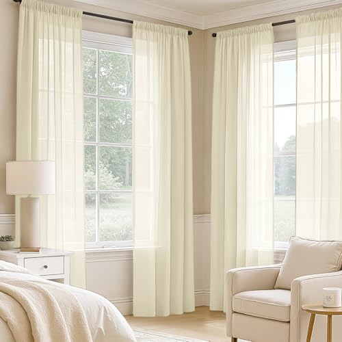 Light Cream Sheer Curtains 90 Inches Long 4 Panels 42 x 90 Inches (42"W x 90"L (Pack of 4) / Light Cream)