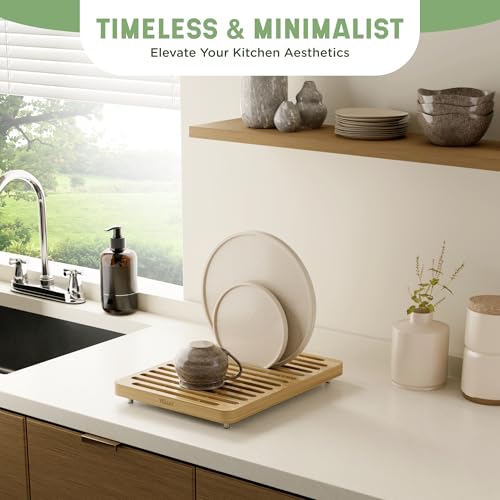 Stone Drying Mat for Kitchen Counter & Bamboo Rack (Light Bamboo)