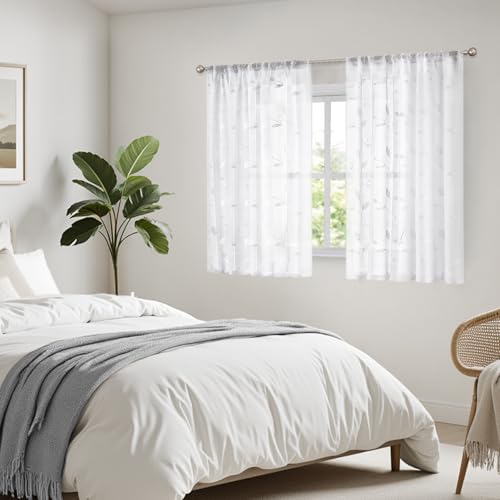 White Sheer Kitchen Curtains 52 x 45 Inch Length 2 Panels Embroidered Leaf Pattern Short Curtains for Bedroom Half Small Window Rod Pocket Tiers (52"W x 45"L (Pack of 2) / 4-white)