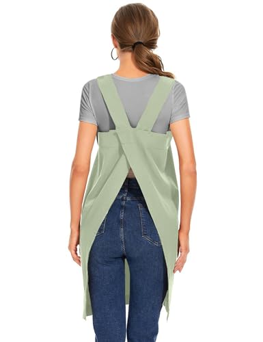 Women's Cotton Cross Back Apron Pinafore Dress with Big Pockets Loose Square Apron for Baking Cooking Gardening (Mint Green / X-Large)