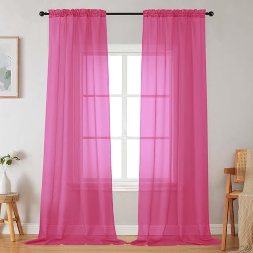 Hot Pink Sheer Curtains for Bedroom Living Room 96 Inches Long 2 Panels (Hot Pink / 42"W x 96"L (Pack of 2))