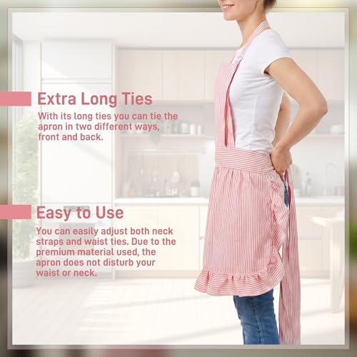 Vintage Apron Ruffle Dress Women 2 Pockets (Pink / Stripe)