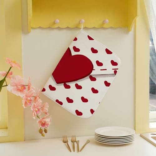 Valentines Dish Drying Mat 18x24 Inch Red Hearts Dish Drainer Protector Pad for Kitchen Counter Absorbent Holiday Love Drying Pad for Drainer Rack Kitchen Fast Dry (Red Hearts-2 / 18" x 24")