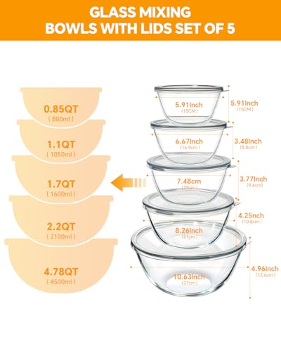 Glass Mixing Bowls with Lids Set of 5 (Transparent)