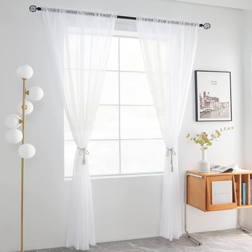 Solid Sheer Rod Pocket Curtain Voile Draperies 2 Panels White Beige Black Grey Coffee 60 Inch Width 108 Inch Long 1 Pair for Kitchen Bedroom Children Living Room Yard (White / 60"W x 108"L (Pack of 2))