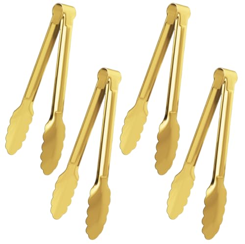 4 Pack Gold Serving Tongs XEVOM Buffet Tongs Serving Utensils Salad Tongs Stainless Steel Gold Plated Buffet Serving Tongs