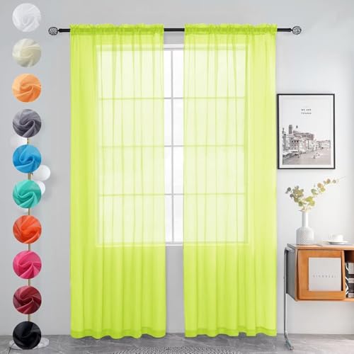 Solid Sheer Rod Pocket Curtain Voile Draperies 2 Panels White Beige Black Grey Ivory 52 Inch Width 90 Inch Long 1 Pair for Kitchen Bedroom Children Living Room Yard (Chartreuse / 52"W x 90"L (Pack of 2))