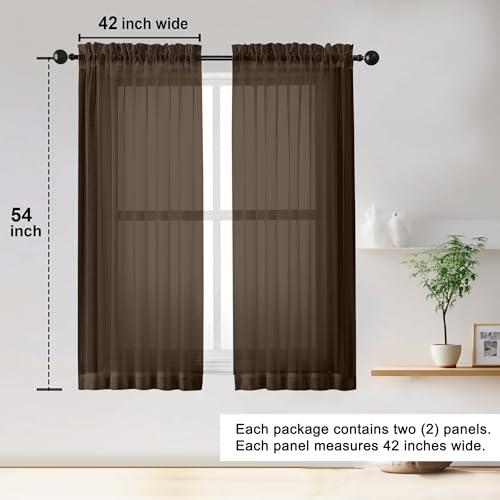 Sheer Curtains 54 inches Long for Living Room Bedroom (Chocolate / 42"W x 54"L (Pack of 2))
