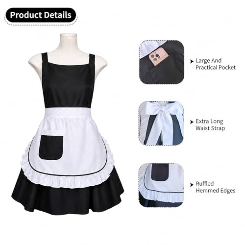 Women’s Black and White Maid Apron with Pocket Vintage Ruffle Pinafore Kitchen Cooking Cleaning Costume Apron for Restaurant Cafe (Black White Ruffle)