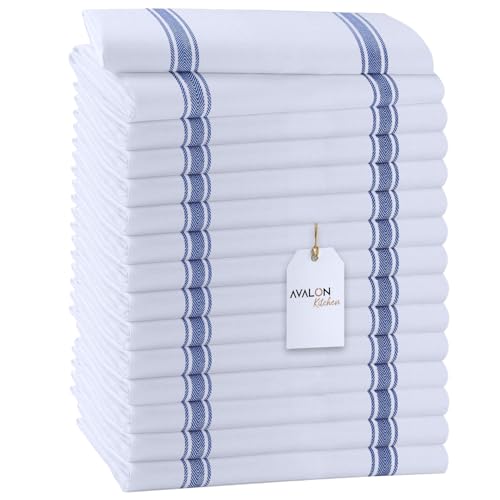 Dish Towels 15 Pack Blue Stripe 100% Cotton Kitchen Towel 15x25 Inch Tea Towels (Blue Stripe / Pack of 15)