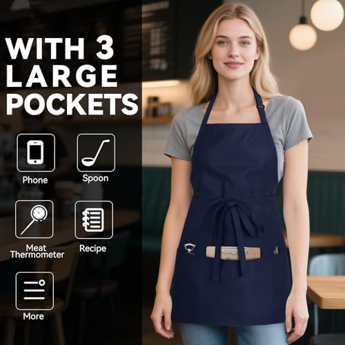 Kitchen Cooking Apron with 3 Pockets (Navy Blue)