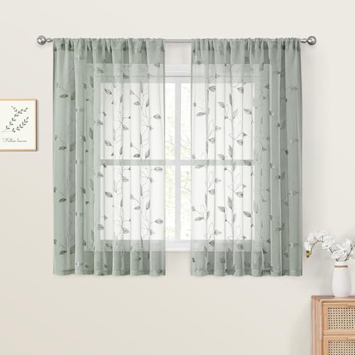 Sage Green Kitchen Curtains Leaf Embroidered (52"W x 54"L (Pack of 2) / 1-sage Green)