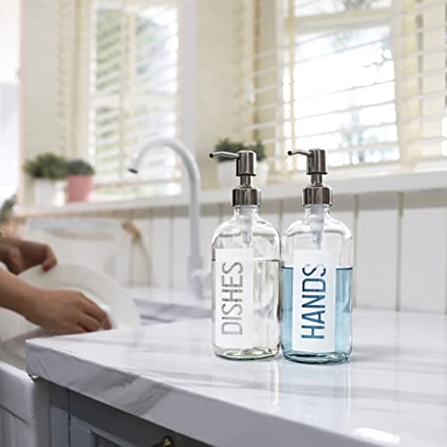 2Pack 18OZ Glass Soap Dispenser with Hands & Dishes Printed Label (White With White Pump)