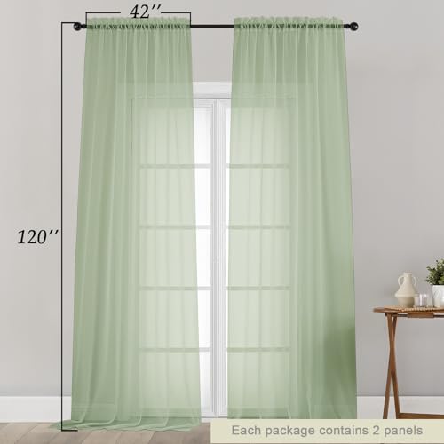 Extra Long Sheer Light Green Curtains for Bedroom Living Room 120 Inches Long 2 Panels Set (Light Green / 42"W x 120"L (Pack of 2))