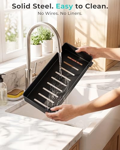 Height Adjustable 2 Tier Metal Pull Out Slide Shelf Organizer for Under Sink Cabinets in Kitchen (2 Sets / Black)