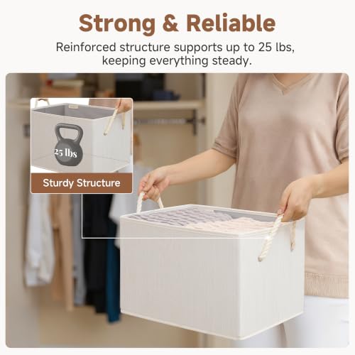 Fabric Storage Bins with Rope Handles (Extra Large / Beige, White & Ivory)