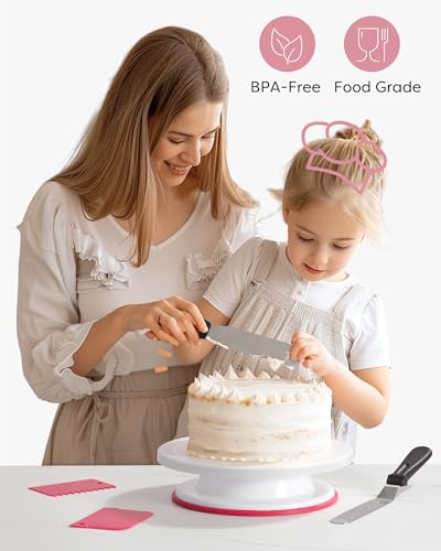 Cake Decorating Kit with Turntable Baking Supplies for Beginner Pros (Pink)