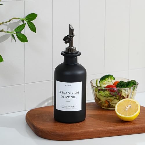 Olive Oil Dispenser for Kitchen (12oz-Black&Black Spout+Tray / 11.8 fl oz)