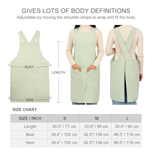 Aprons for Women with Pockets Plus Size Comfort Cross Back No Tie Cotton Linen Apron Pinafore (Lightgreen / Small)