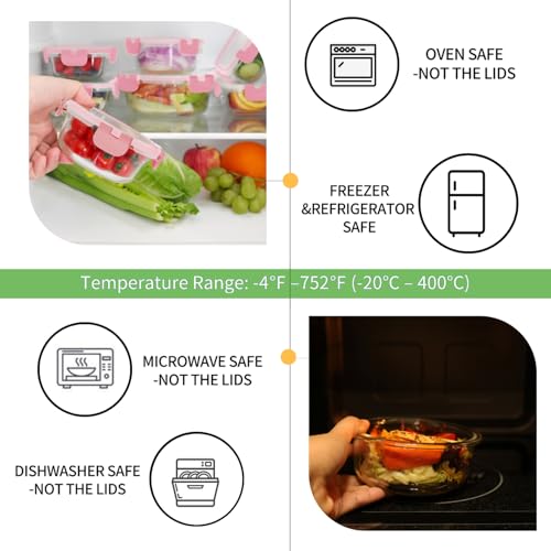 18 Piece Glass Food Storage Containers with Snap Locking Lids for Meal Prep (Pink / 9 Pack)
