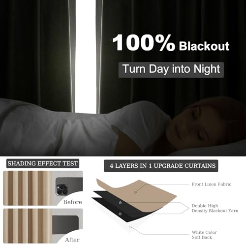 Blackout Linen Blend Curtains 96 Inches Long 2 Panels (Tan / 52"W x 96"L (Pack of 2))