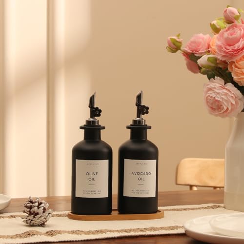Olive Oil Dispenser for Kitchen (12oz-Black&Black Spout+Tray / 11.8 fl oz)