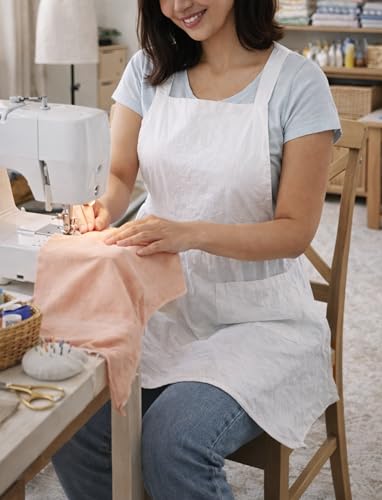 Cute Cotton Pinafore Aprons for Women with Pockets for Kitchen (White)