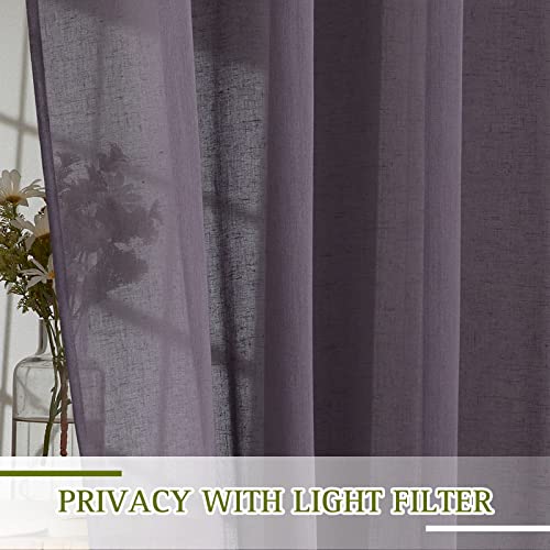 Flax Linen Sheer Curtains for Patio Sliding Door (70"W x 84"L (Pack of 2) / Purple Brown)