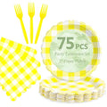 75 Yellow Gingham Paper Plates&Napkins Disposable for Party (Yellow Gingham 75 Plates Set / 7-inch Set)