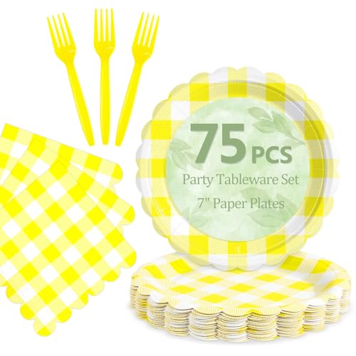 75 Yellow Gingham Paper Plates&Napkins Disposable for Party (Yellow Gingham 75 Plates Set / 7-inch Set)