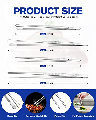 4 Pcs Fine Long Tweezer Tongs Professional Silver (Silver)