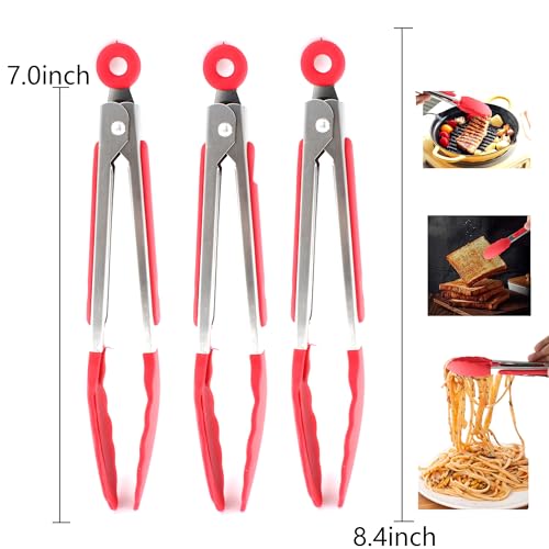 7 inch Mini Silicone Kitchen Tongs for Serving Food (Red)