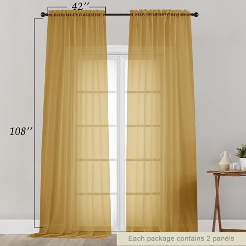 Extra Long Sheer Gold Curtains for Bedroom Living Room 108 Inches Long 2 Panels Set (Gold / 42"W x 108"L (Pack of 2))