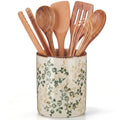 Rustic Ceramic Utensil Holder Brown Green Floral 6.9" (Brown Green Floral / 6.9" / Rustic)