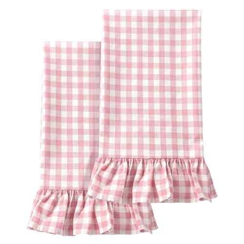 2 Pcs Light Pink Gingham Kitchen Towels Cotton Ruffled (Light Pink / Gingham)
